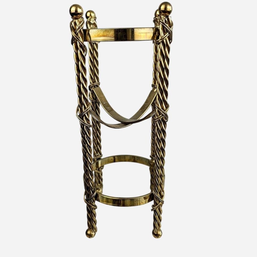 Vintage Brass Wine Bottle Holder Twisted Rope Column Design Ball Feet MCM